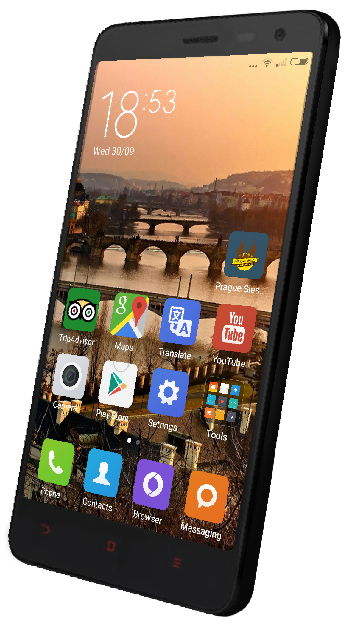 Black Android Smartphone With Colorful Home Screen Angled View PNG Image