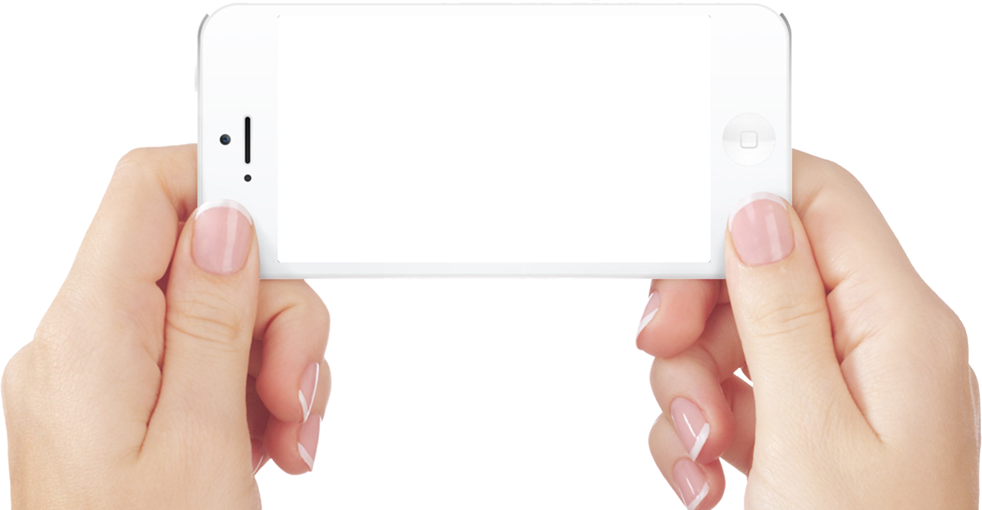Hands Holding White Phone In Landscape Position With Blank Screen PNG Photo