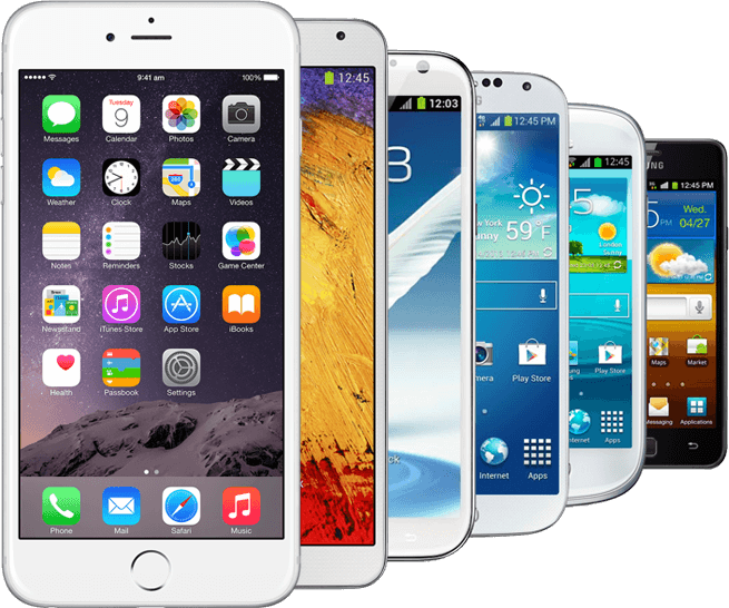 Lineup Of White And Silver Smartphones Showing App Screens PNG Graphic