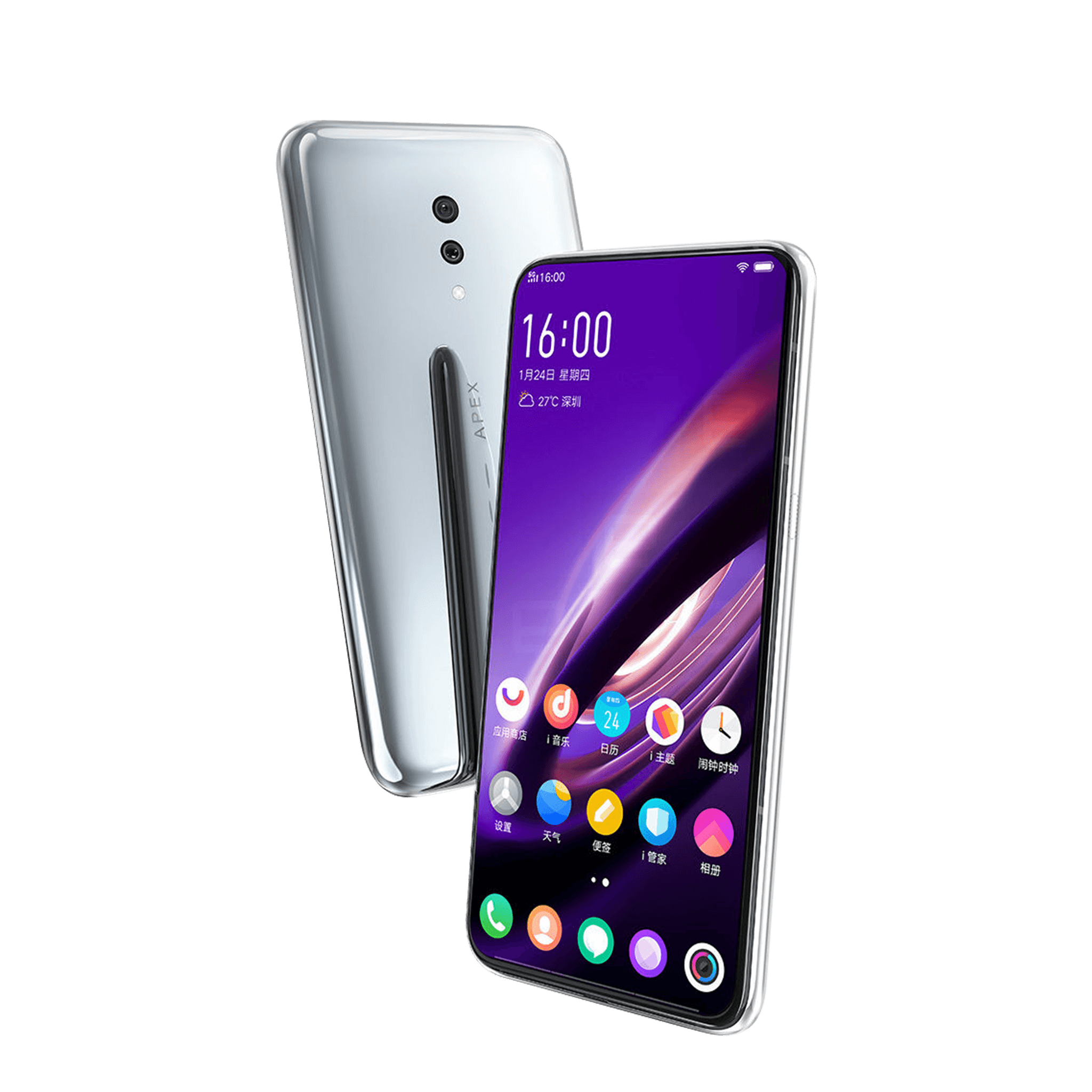 Silver Smartphone Front And Back Views With Purple Display PNG Mockup