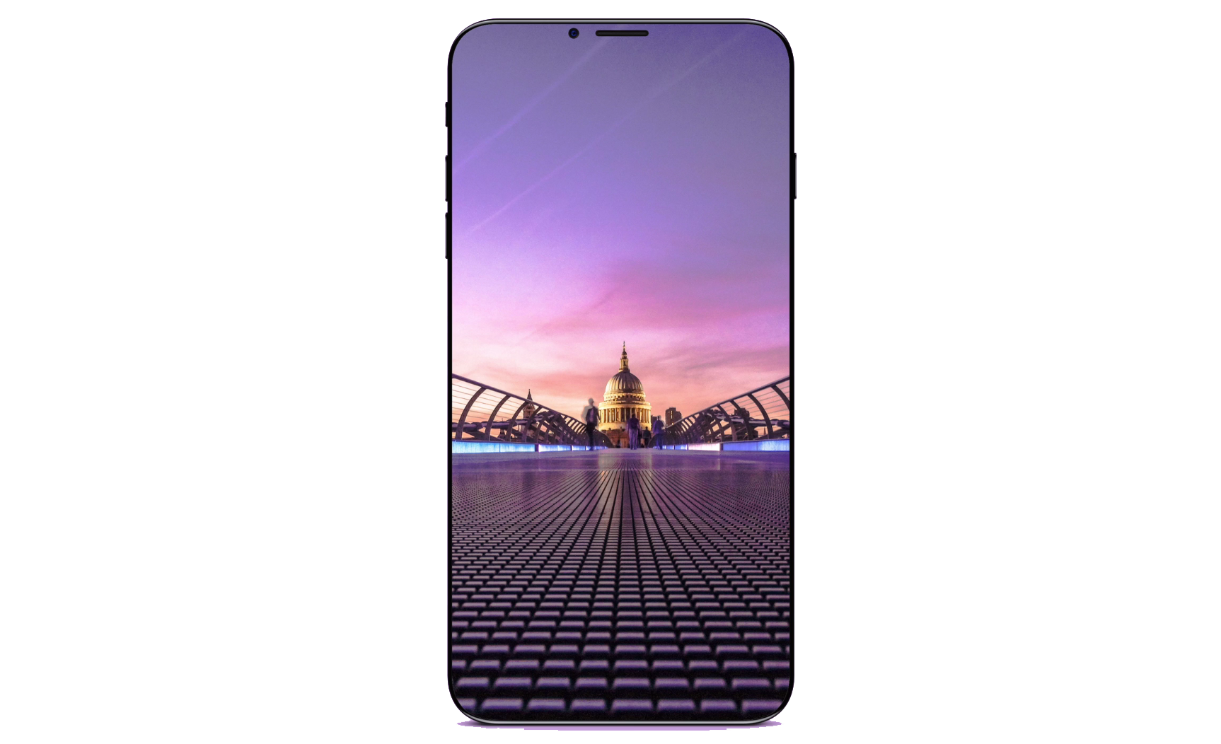 Smartphone With Purple City Sunset Wallpaper And App Dock PNG Image