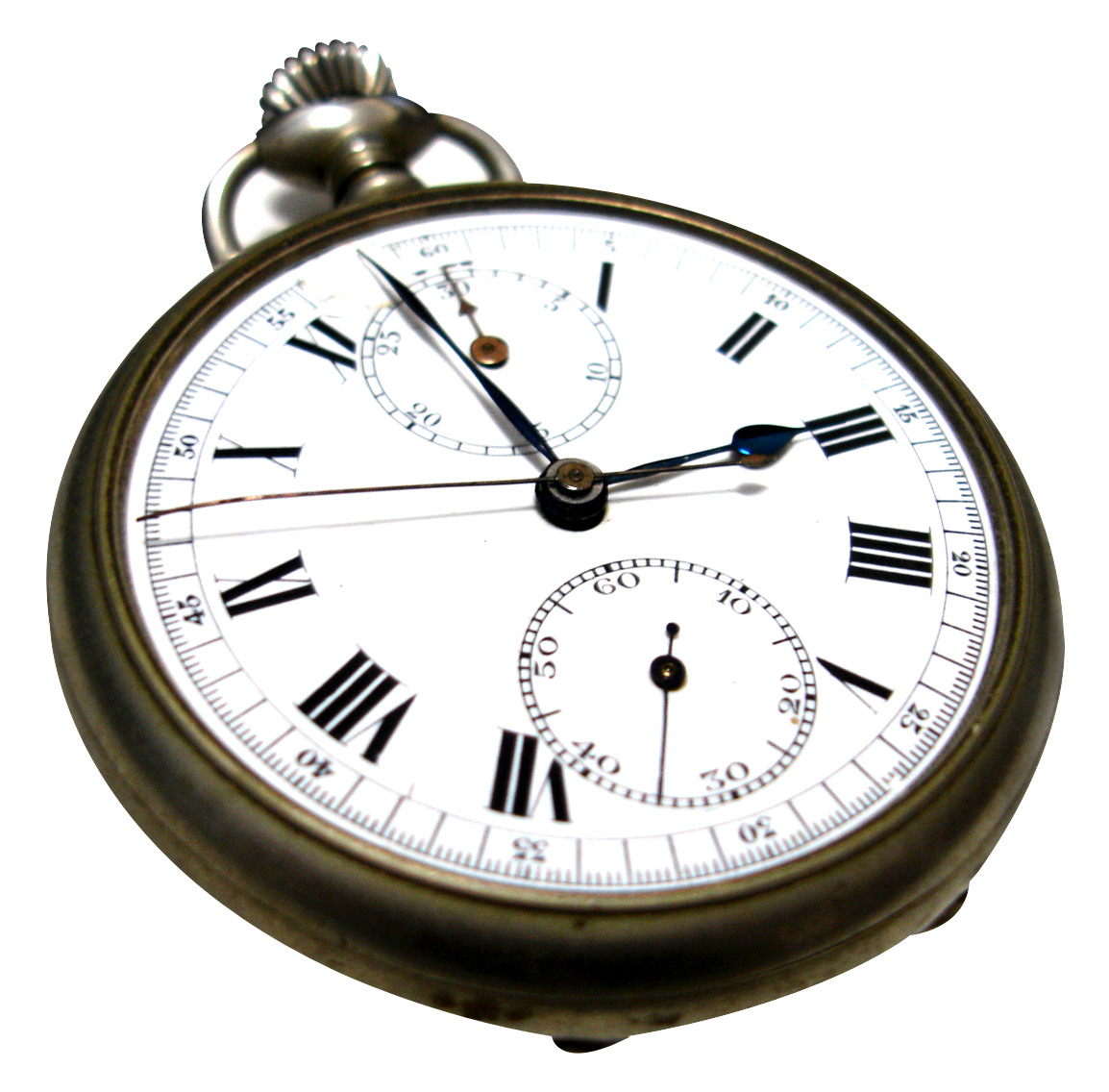 Antique Silver Pocket Watch With Roman Numeral Face And Chain PNG Image