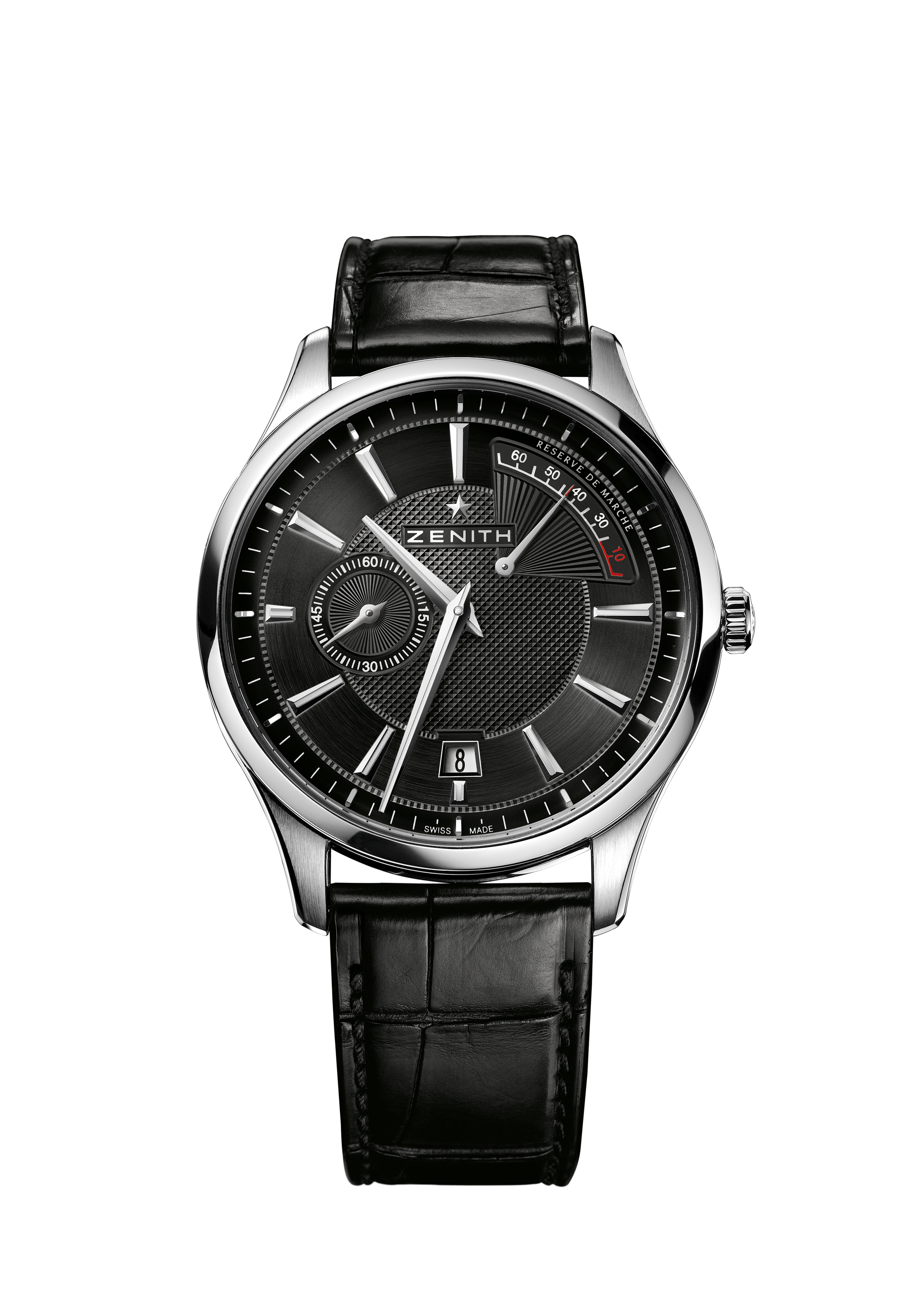 Classic Black Analog Watch With White Hands And Leather Strap PNG Image