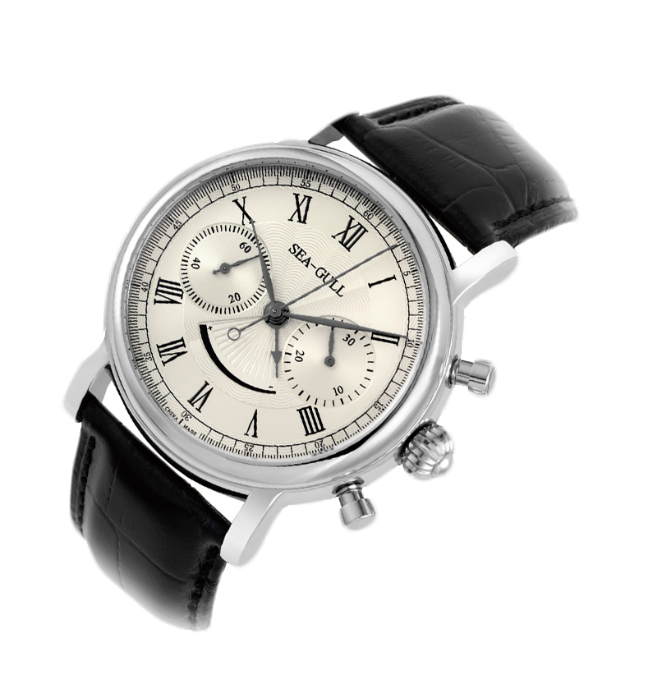 Classic Silver Chronograph Watch With White Dial And Black Strap PNG Image