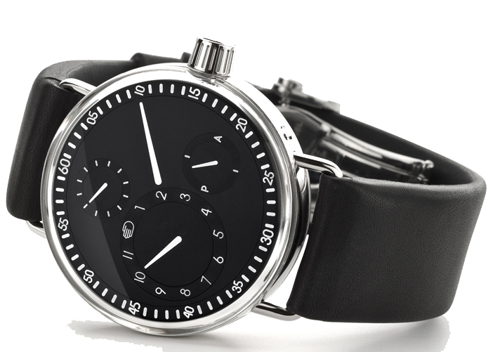 Elegant Black Leather Watch With Minimal White Markers PNG Product Photo