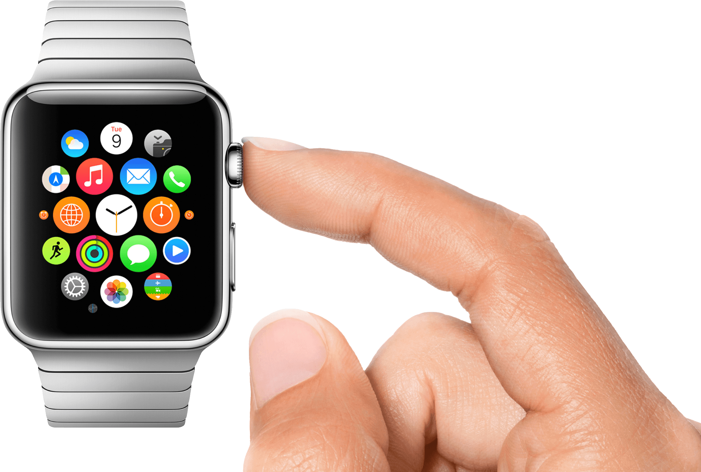 Finger Tapping Silver Smartwatch With Colorful App Screen PNG Photo