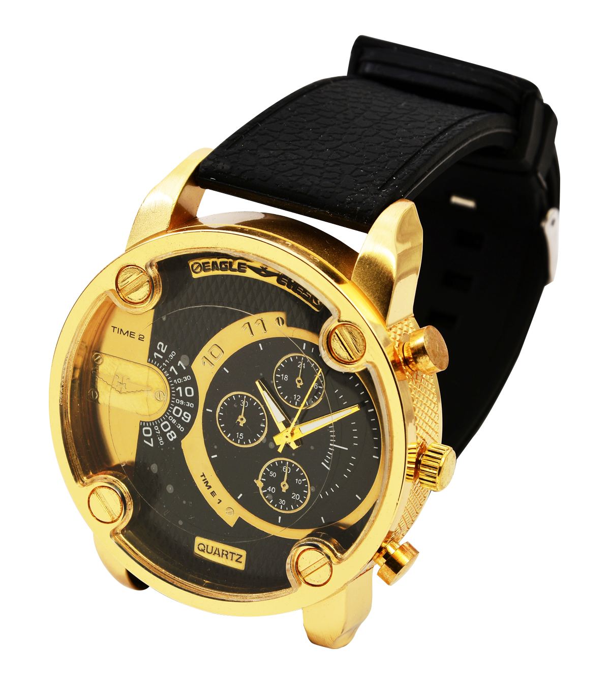 Gold And Black Skeleton Chronograph Watch With Leather Strap PNG Product Photo