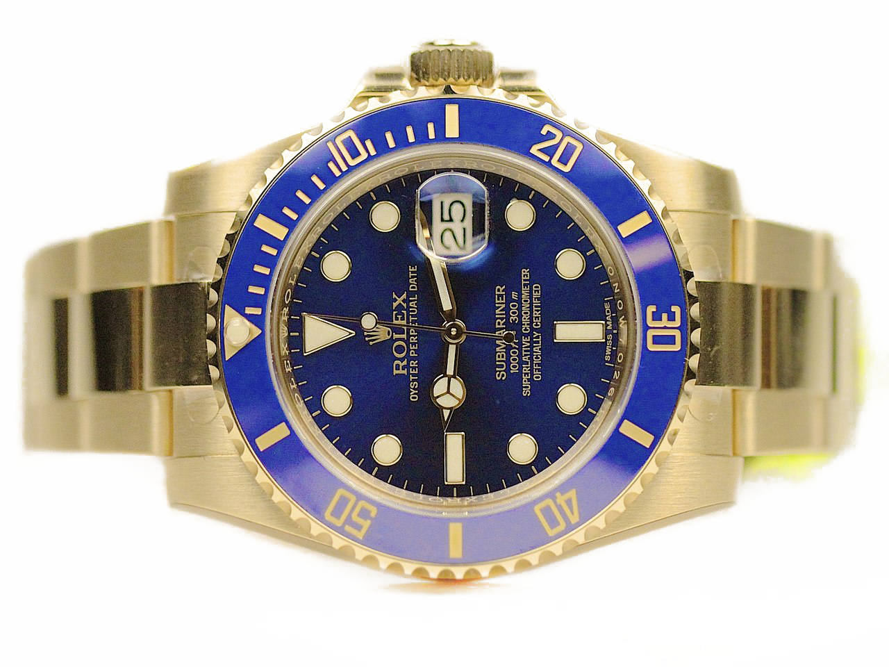 Gold Bracelet Diver Watch With Blue Face And Rotating Bezel PNG Product Image