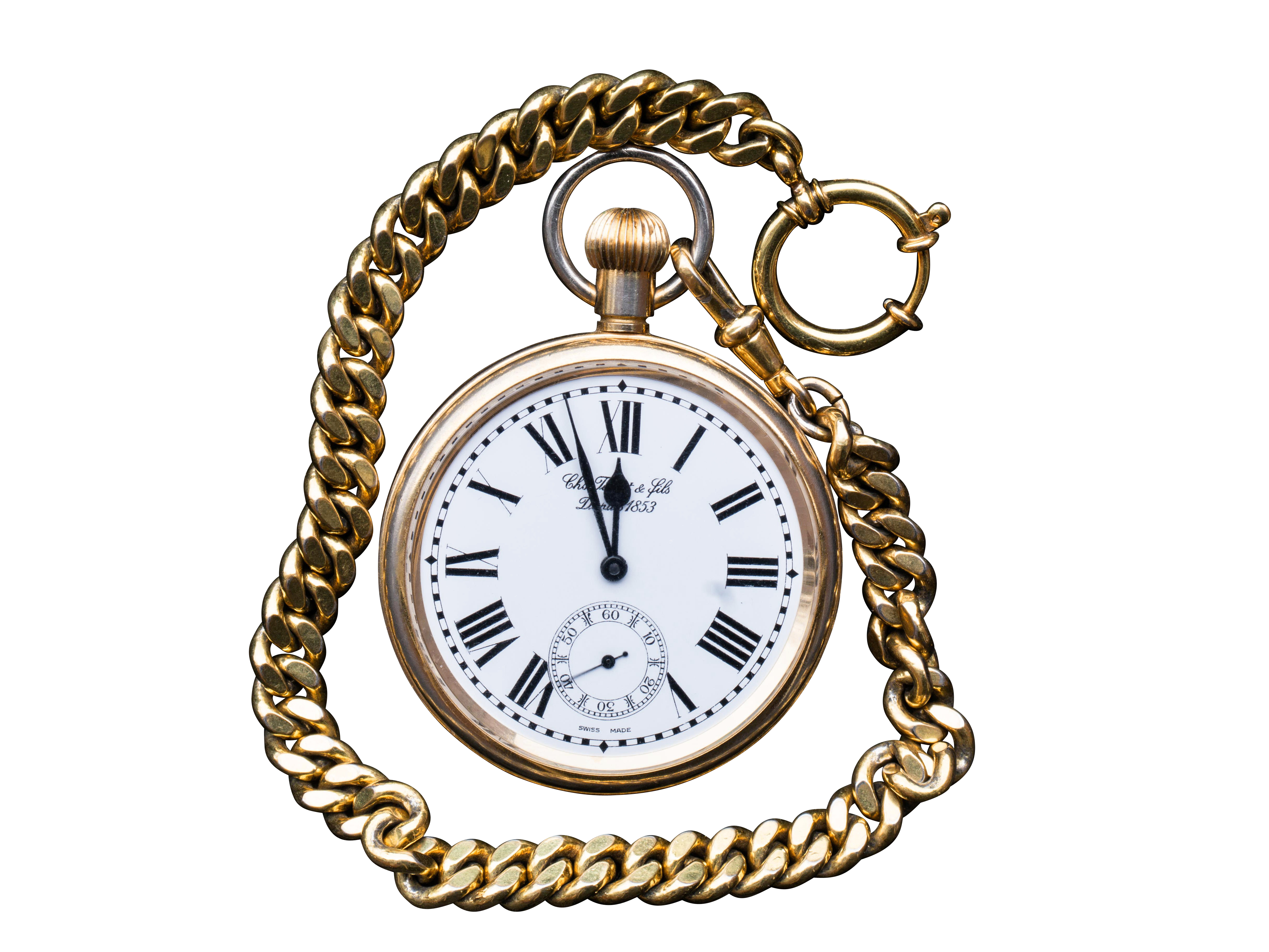 Gold Pocket Watch With Ornate Chain And White Roman Dial PNG Image