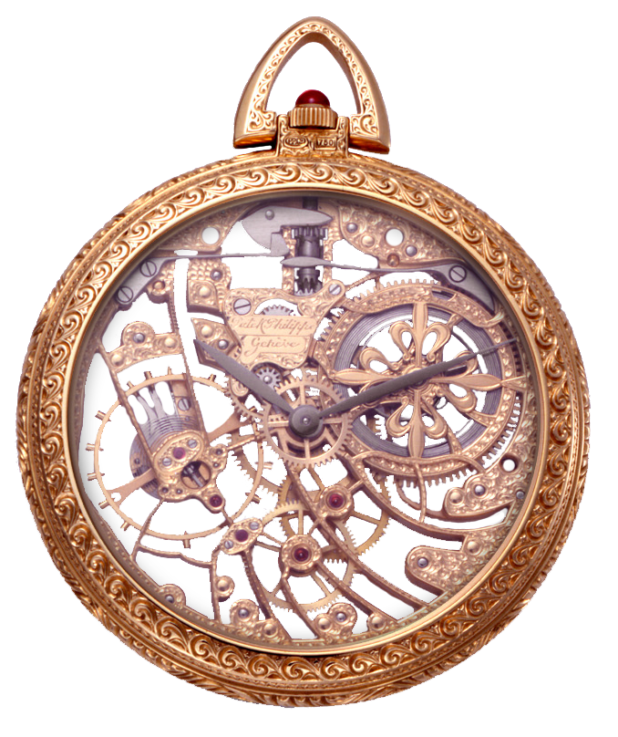 Ornate Rose Gold Skeleton Pocket Watch With Openwork Dial PNG Illustration