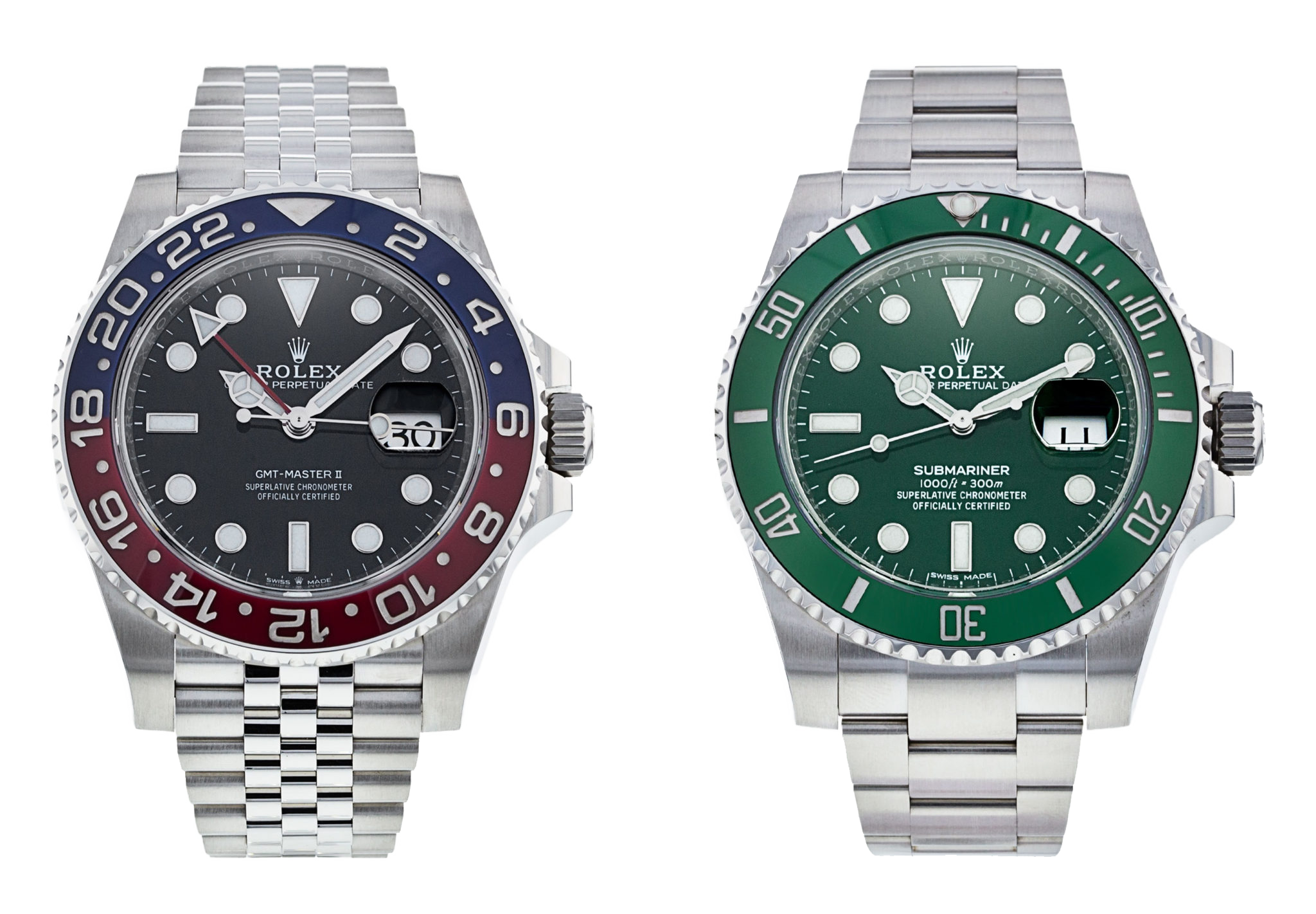 Pair Of Stainless Steel Diver Watches With Red And Green Bezels PNG Image
