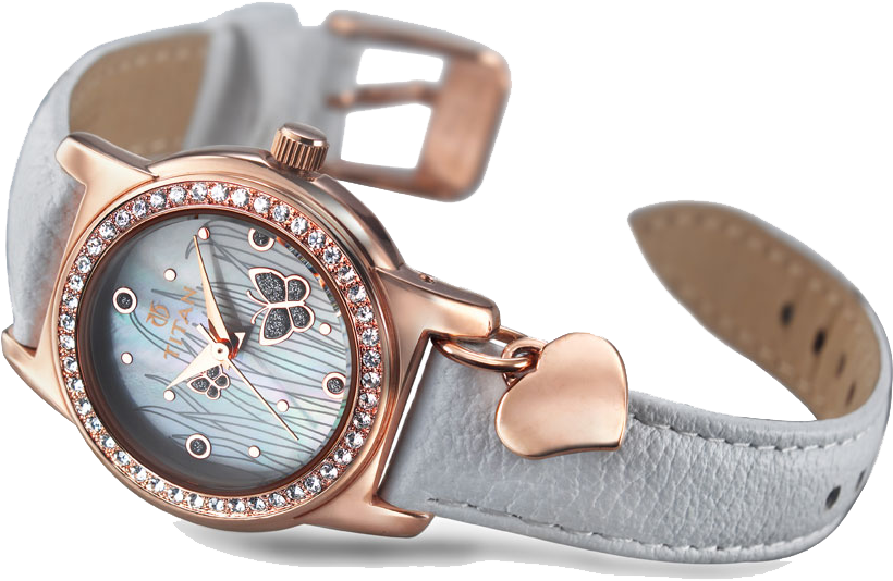 Rose Gold Ladies Watch With Pale Pink Leather Band And Crystal Bezel PNG