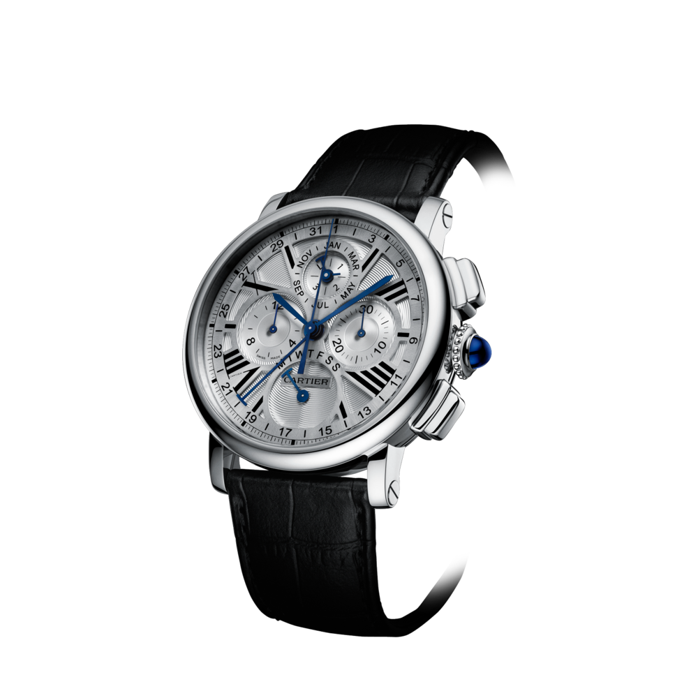 Silver Analog Chronograph Wristwatch With Black Leather Strap PNG Photo
