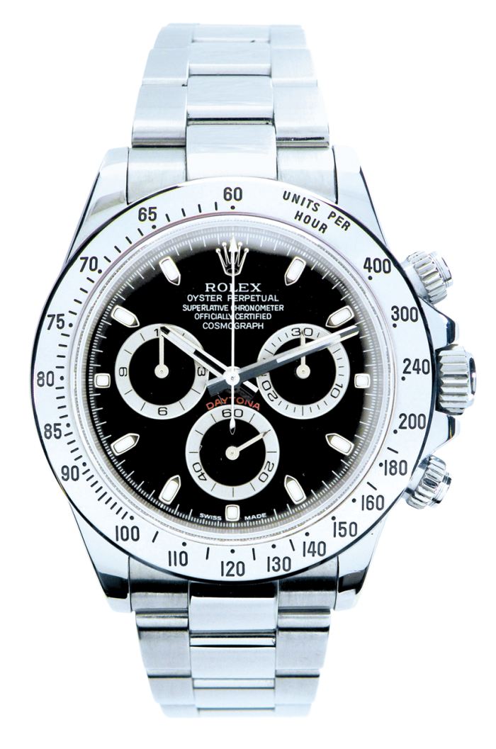 Silver Chronograph Watch With White Tachymeter Dial And Steel Band PNG