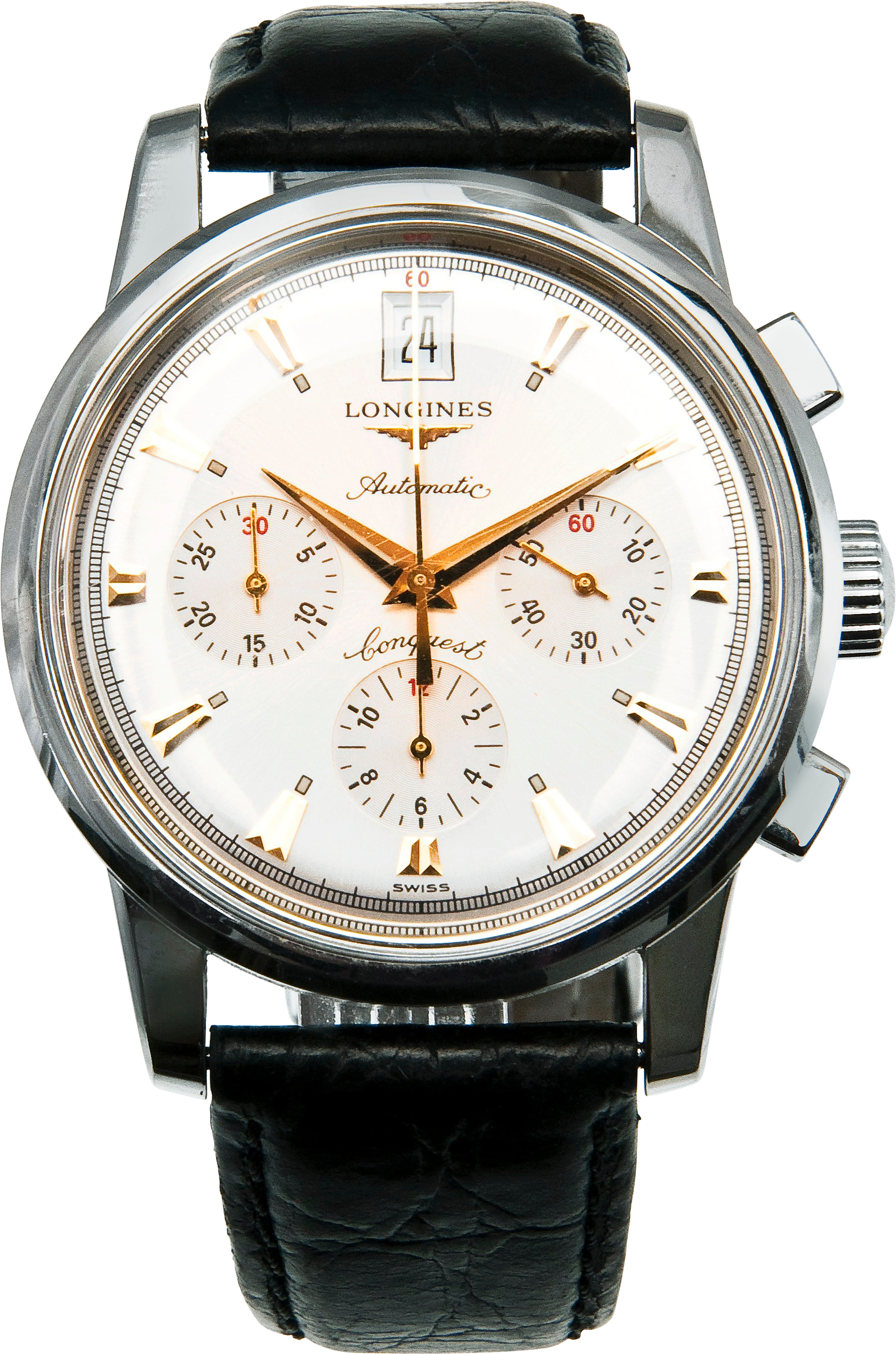 Silver Skeleton Chronograph Watch With Black Leather Strap PNG Product Photo