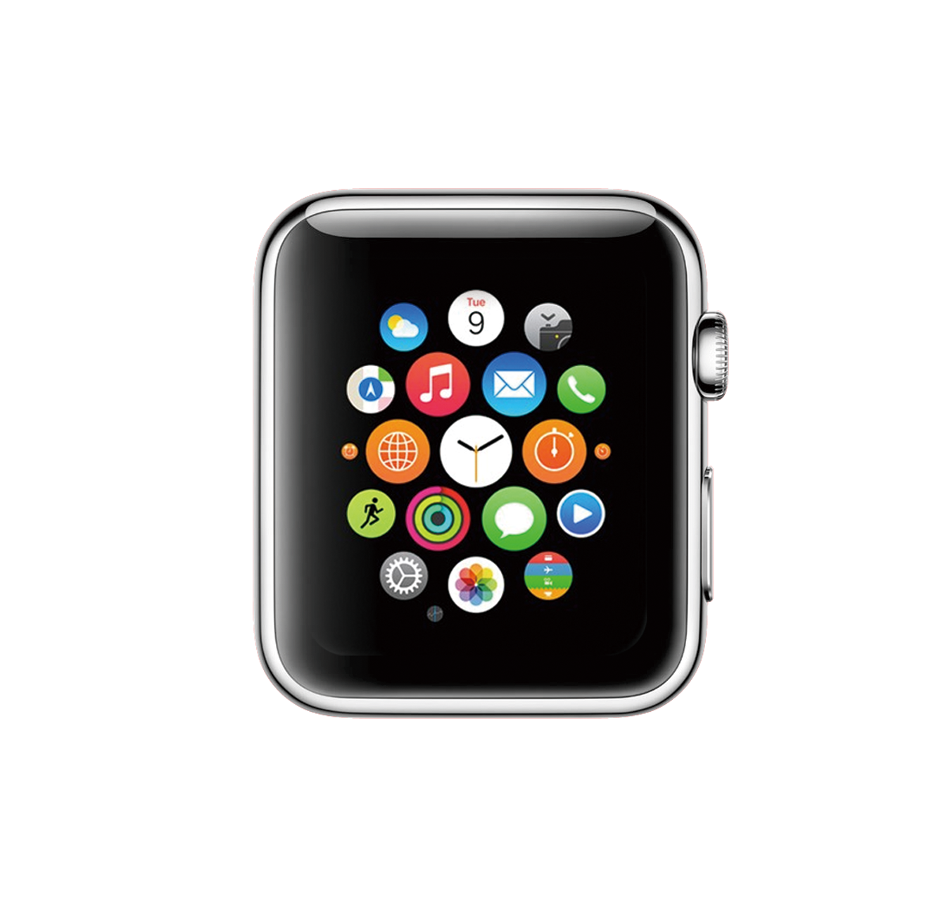 Silver Smartwatch App Icon Screen With Colorful Circular Apps PNG Graphic