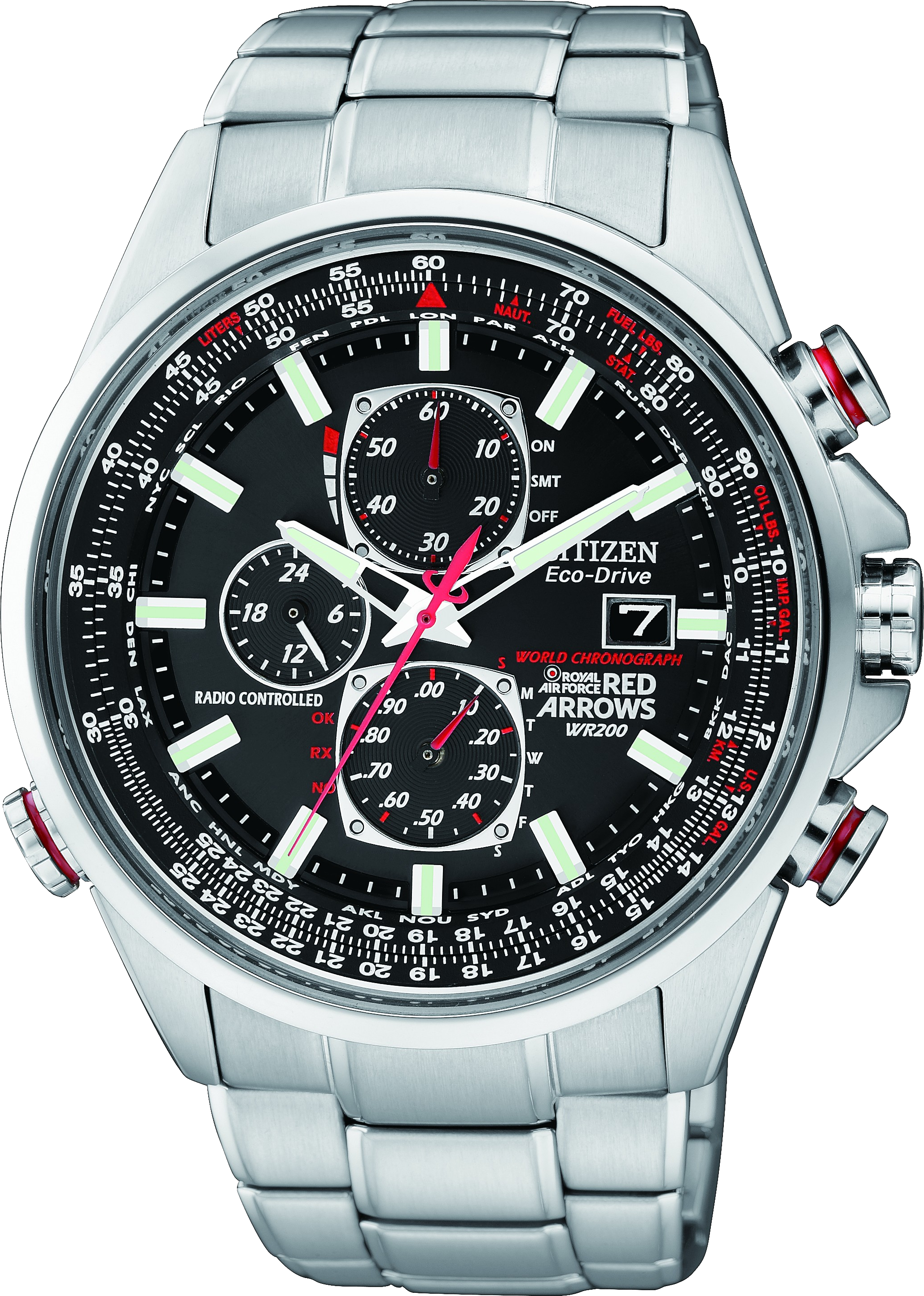 Silver Sports Chronograph Watch With Red Hands And Dark Bezel PNG Photo