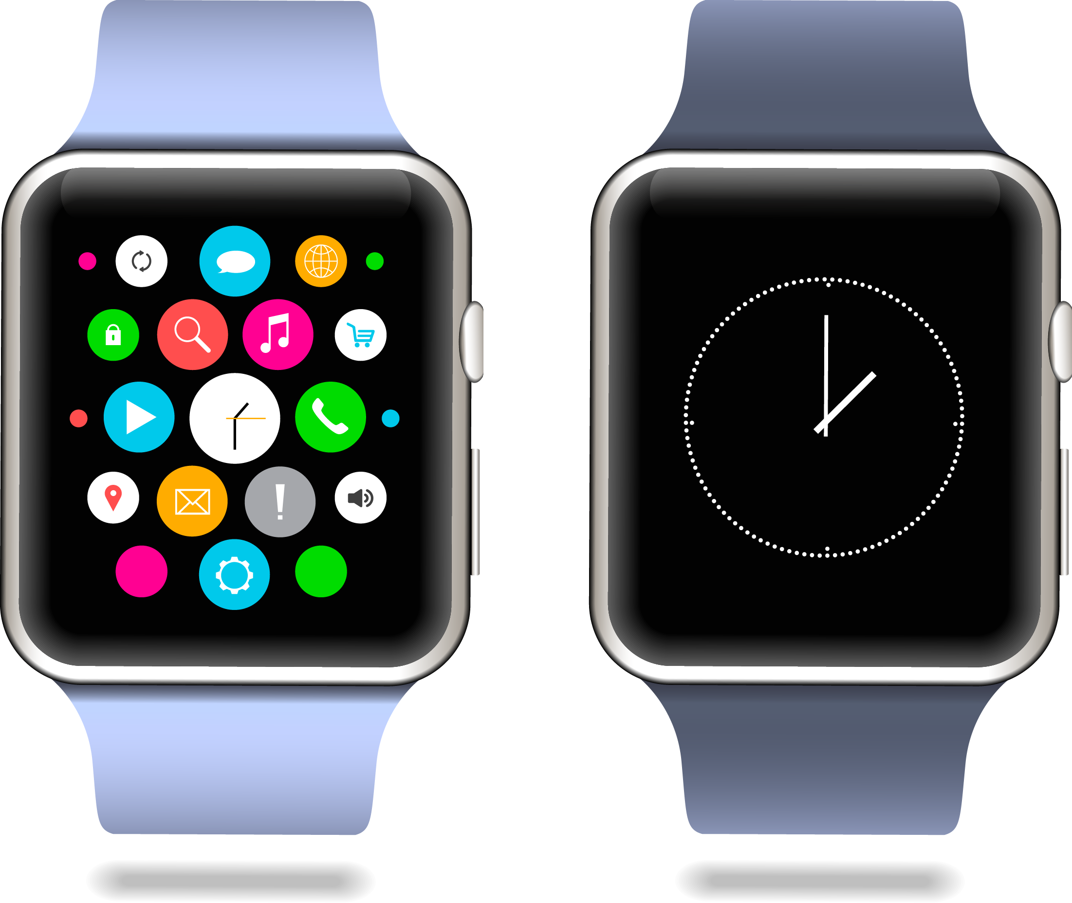 Two Silver Smartwatches Showing App Grid And Analog Face PNG Comparison Image