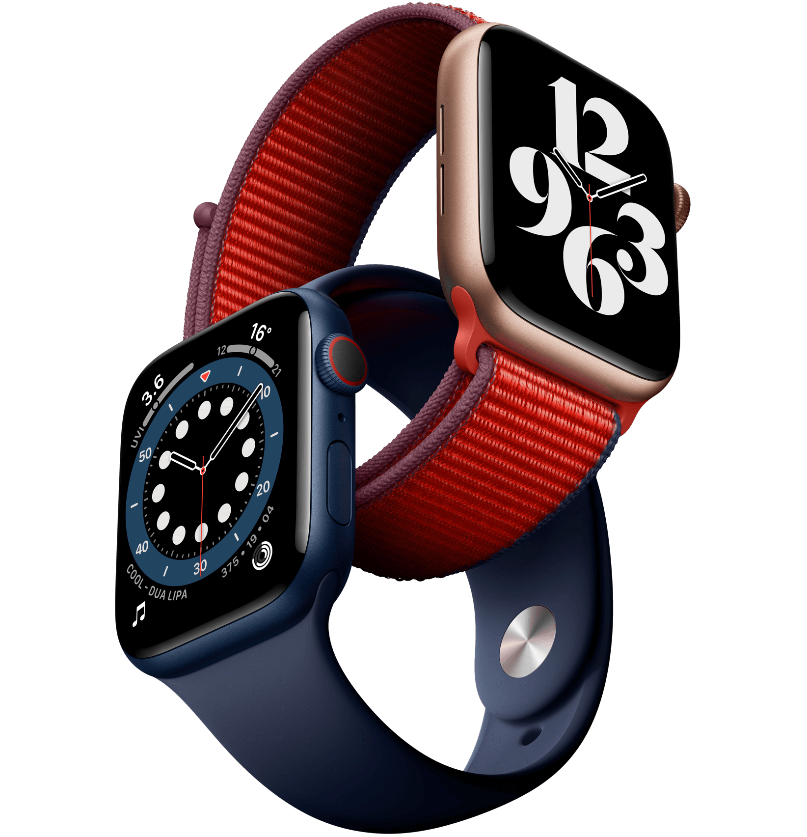 Two Smartwatches With Red And Navy Blue Woven Bands PNG Comparison Graphic