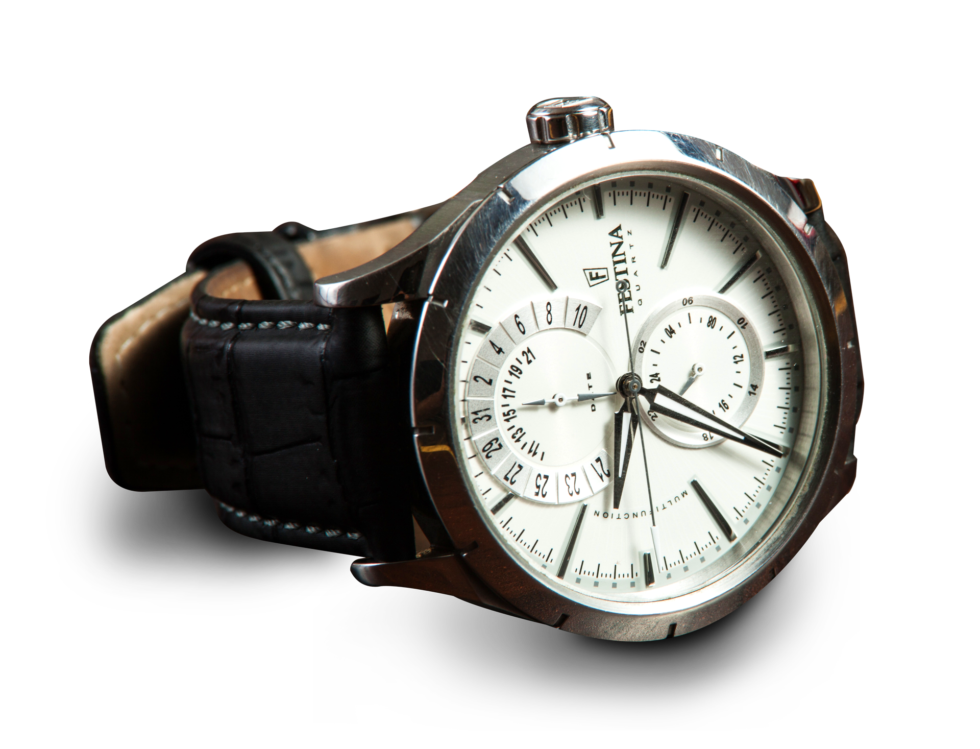 Vintage Silver Watch With White Roman Dial And Black Leather Strap PNG Photo