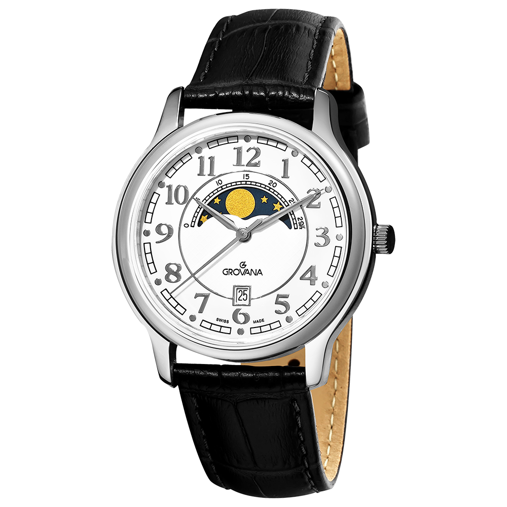 White Roman Numeral Watch With Black Leather Band PNG Product Photo