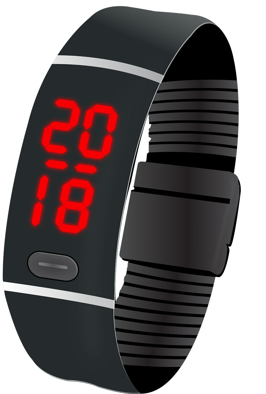 Black Digital Fitness Tracker With Red LED Time Display PNG Product Image