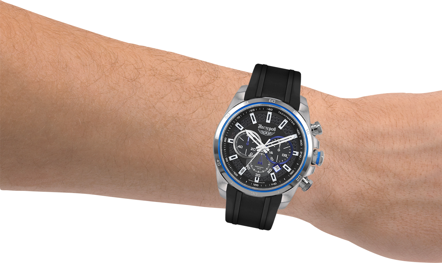 Black Round Wristwatch Worn On Arm Close Up PNG Lifestyle Photo