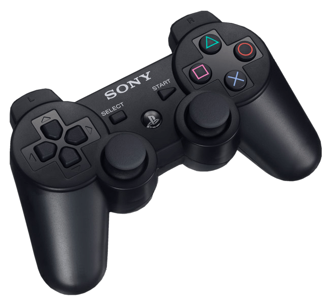 Black PlayStation Four DualShock Controller Angled Product View PNG Image