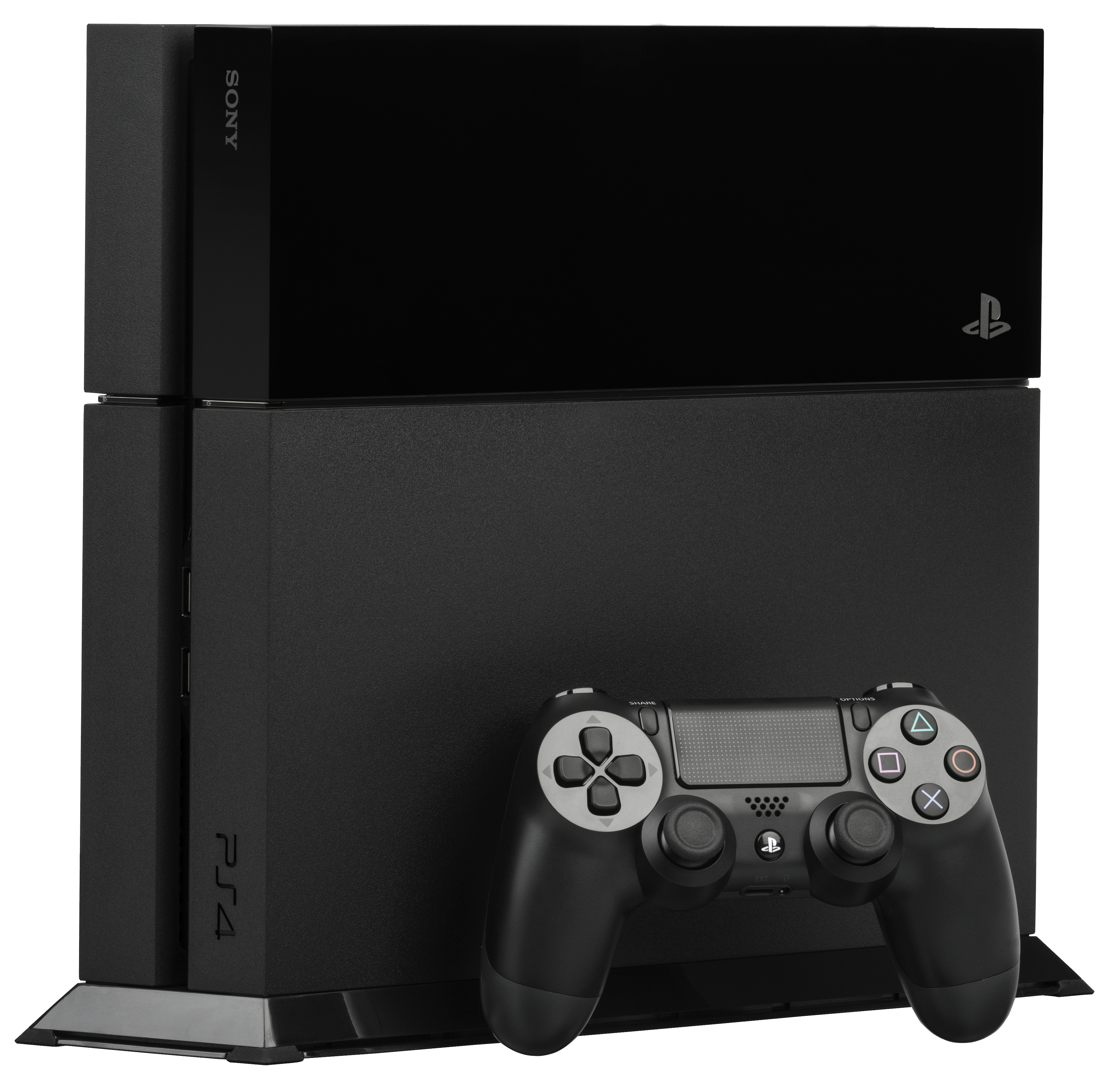 Black PlayStation Three Console Standing Upright With Controller PNG Image