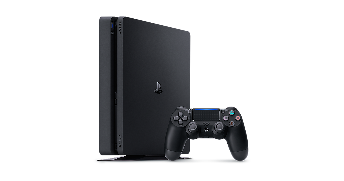 Slim Black PlayStation Four Console Standing Beside Gamepad PNG Product Image