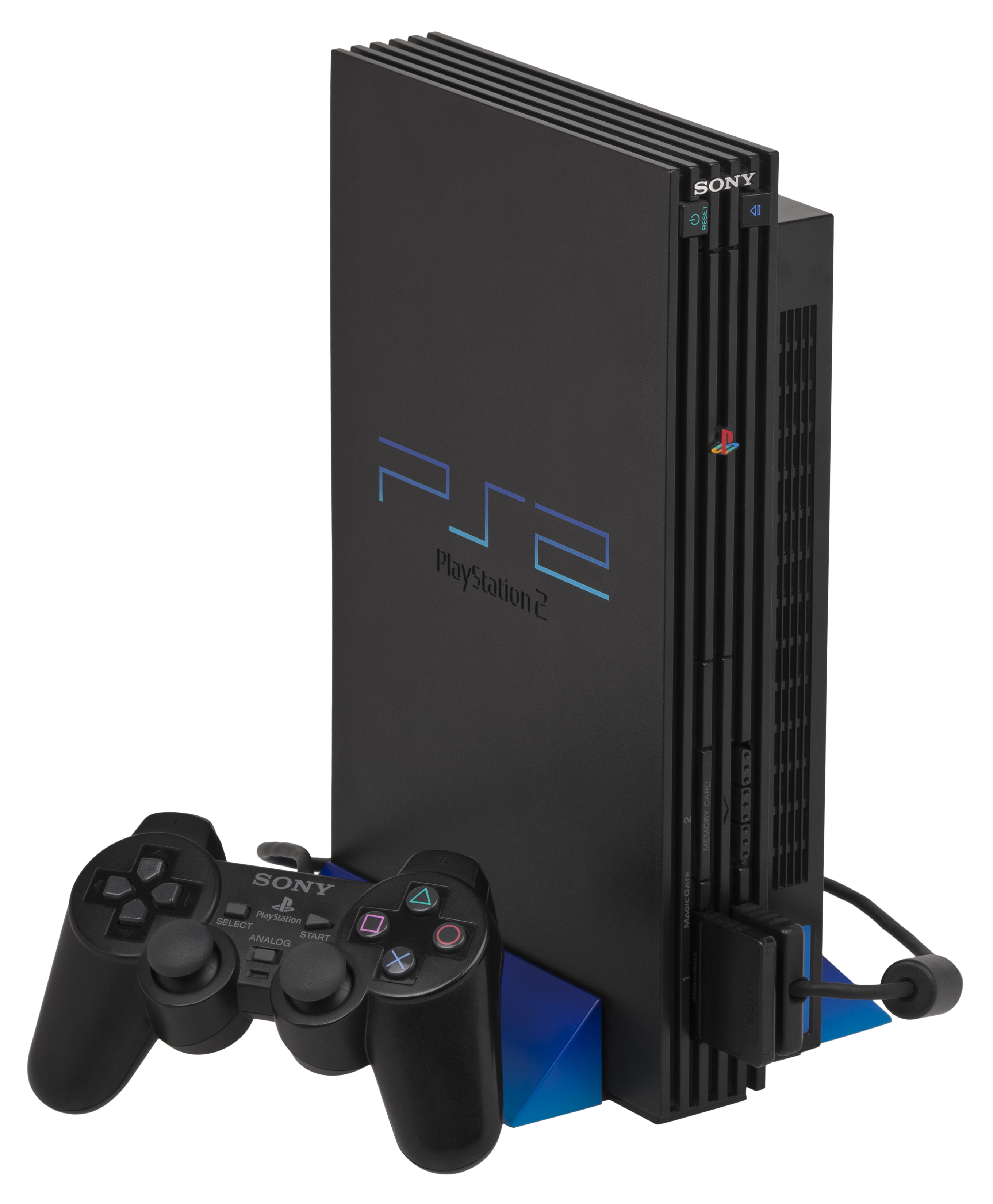 Vertical Black PlayStation Two Console With Gamepad PNG Photo