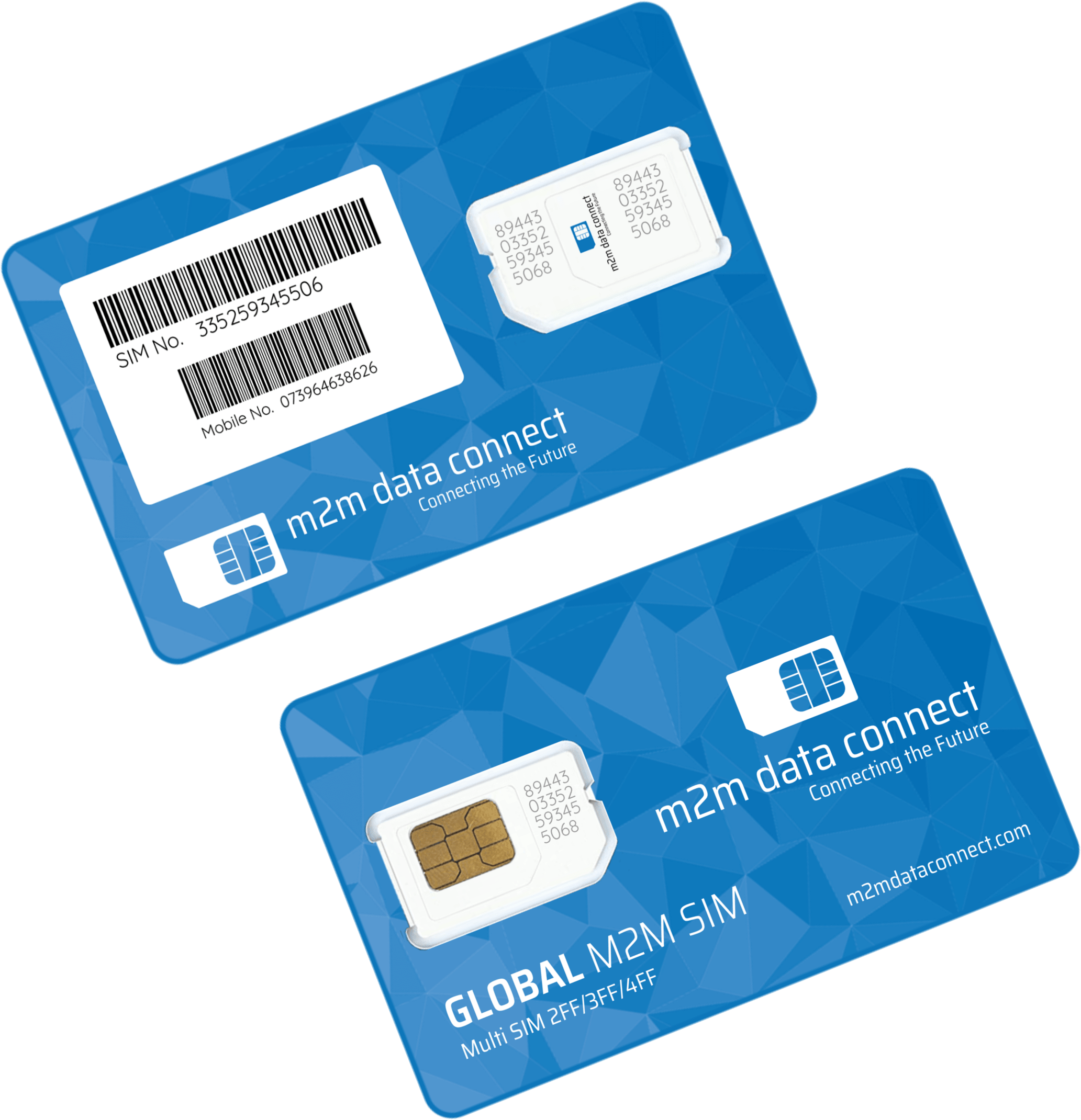 Pair Of Blue Mobile SIM Cards With Printed Number Labels PNG Product Photo