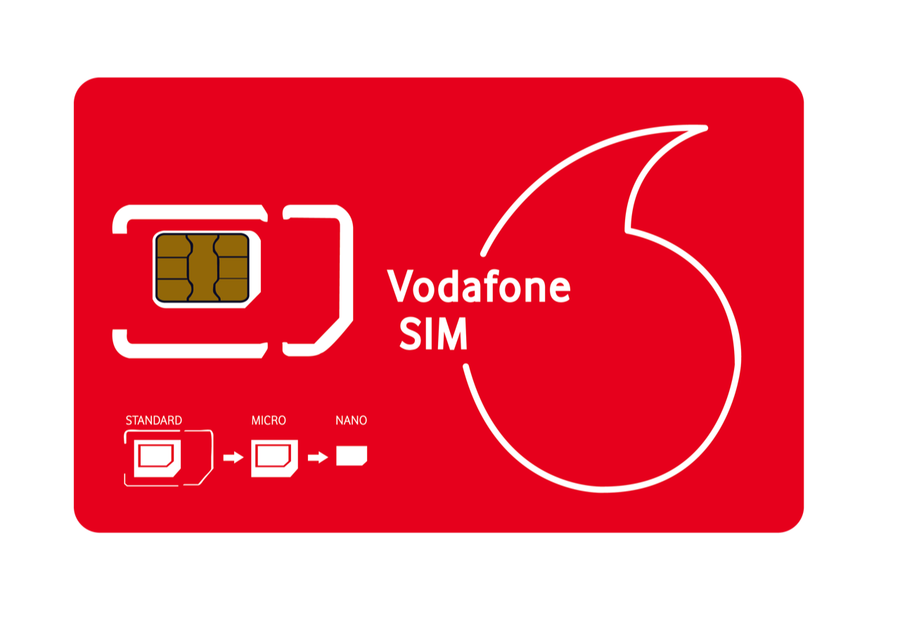 Red Vodafone SIM Card With White Logo And Gold Chip PNG Image