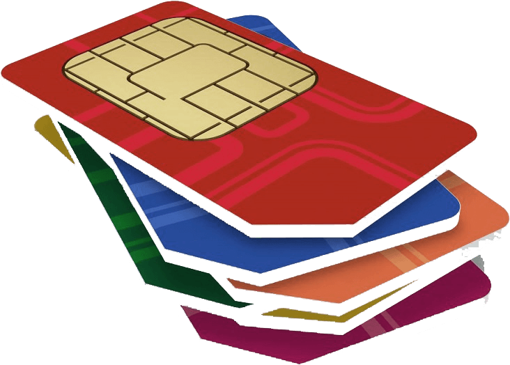 Stack Of Red Blue Green And White SIM Cards With Gold Chips PNG Illustration