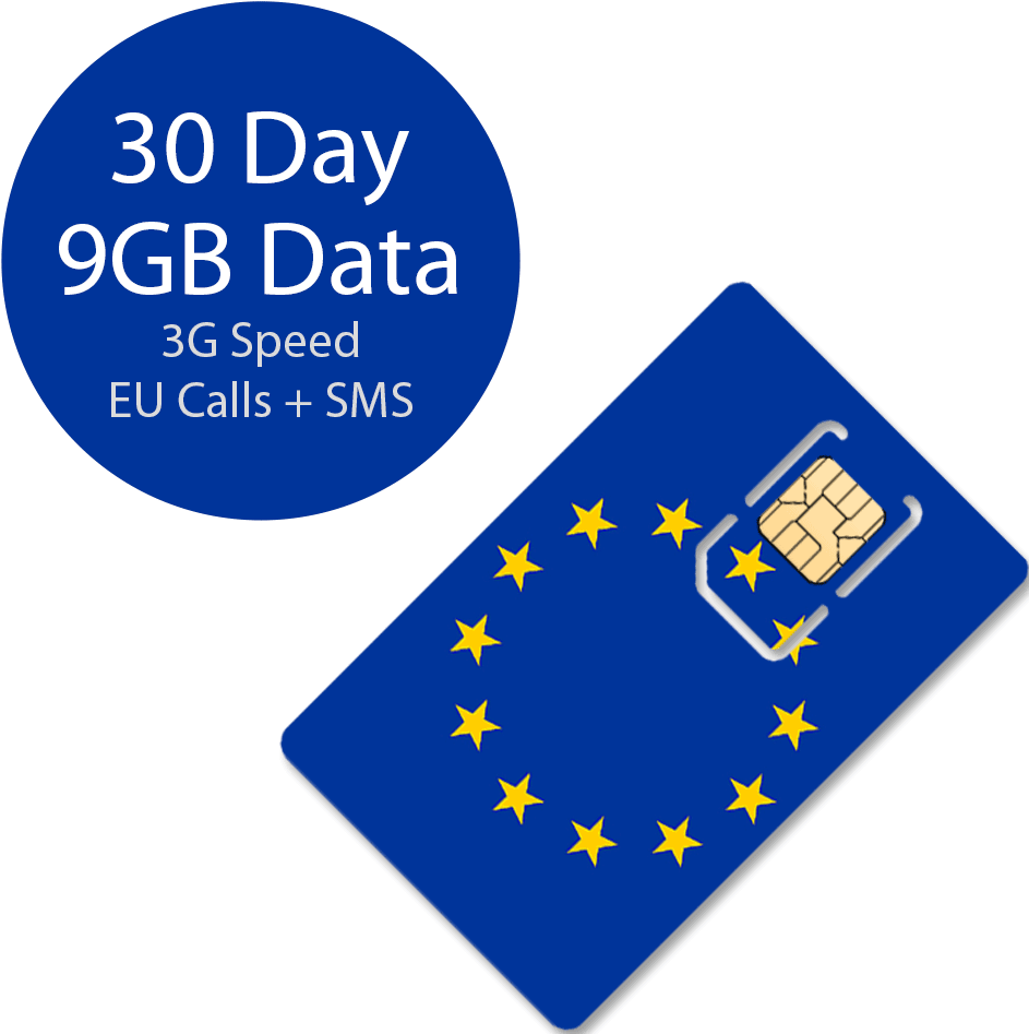 European Travel SIM Card With Thirty Day Nine Gigabyte Data Offer PNG Graphic