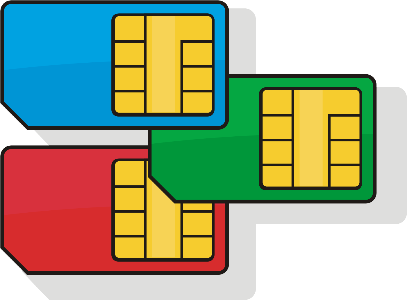 Four Bright SIM Card Chip Icons In Blue Green Red And Yellow PNG Graphic