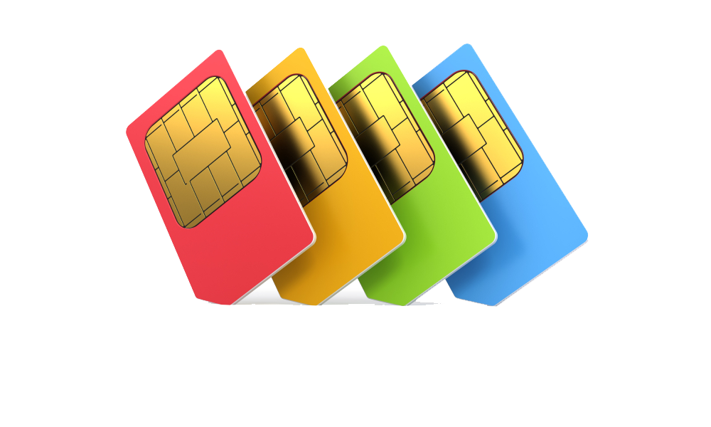 Four Brightly Colored SIM Cards Fanned Out With Gold Chips PNG Illustration