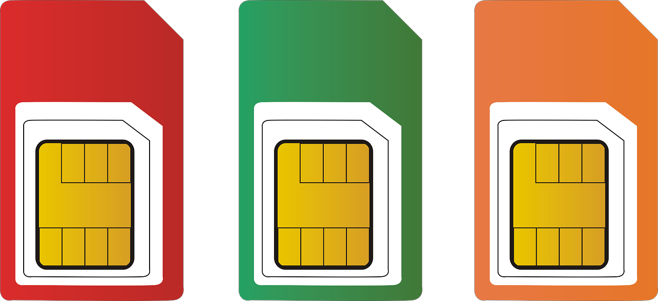 Three SIM Cards In Red Green And Orange With Gold Chips PNG Illustration