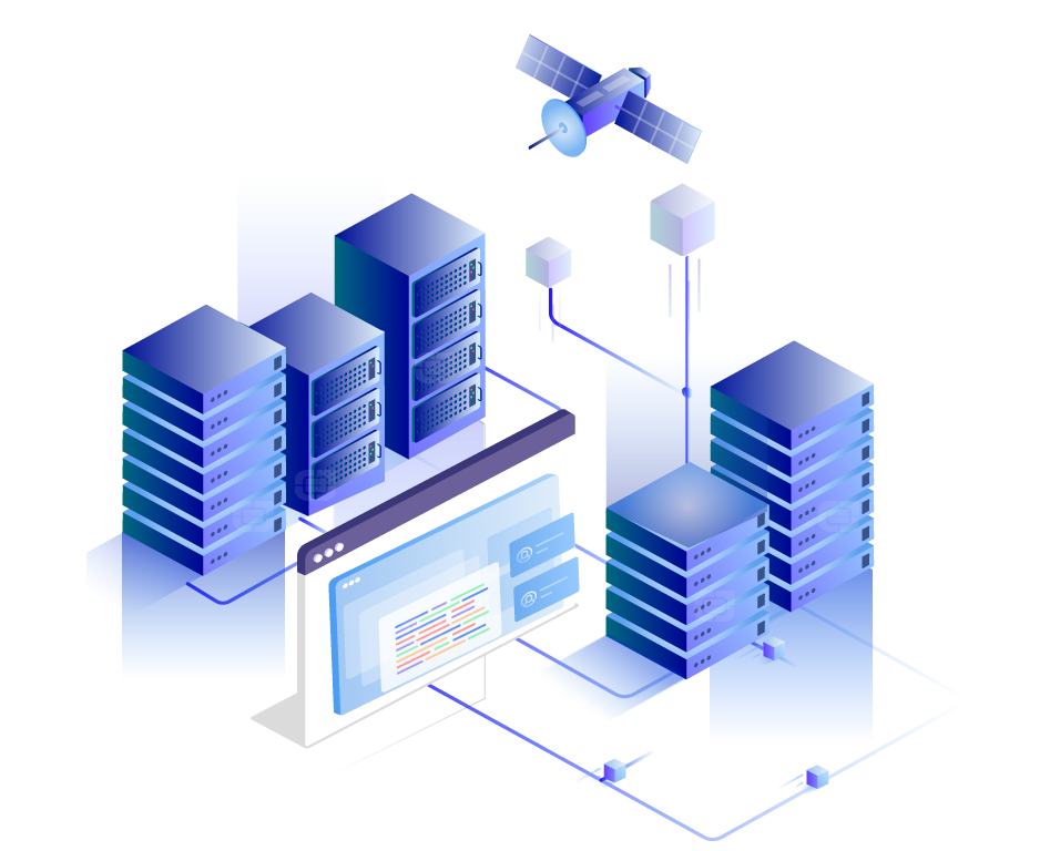 Cloud Data Center Network With Connected Blue Server Buildings PNG Illustration