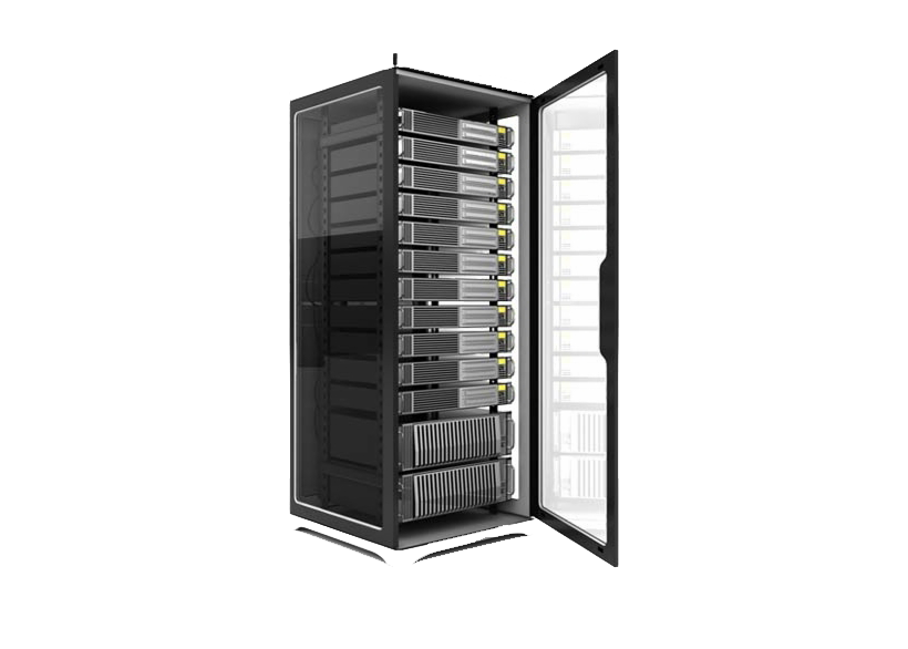 Open Black Server Cabinet With Visible Network Equipment PNG Image