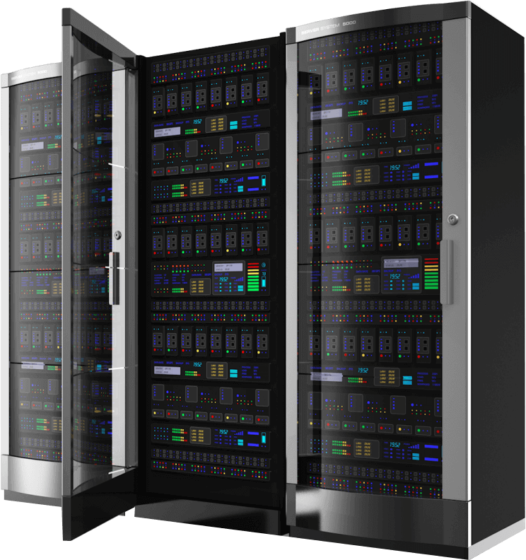 Pair Of Open Data Center Cabinets Filled With Server Hardware PNG Photo