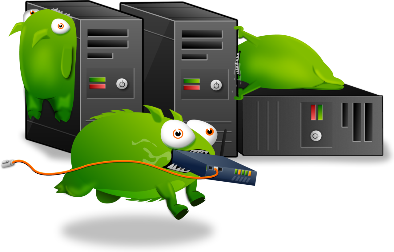 Playful Green Monster Mascots Beside Desktop And Server Computers PNG