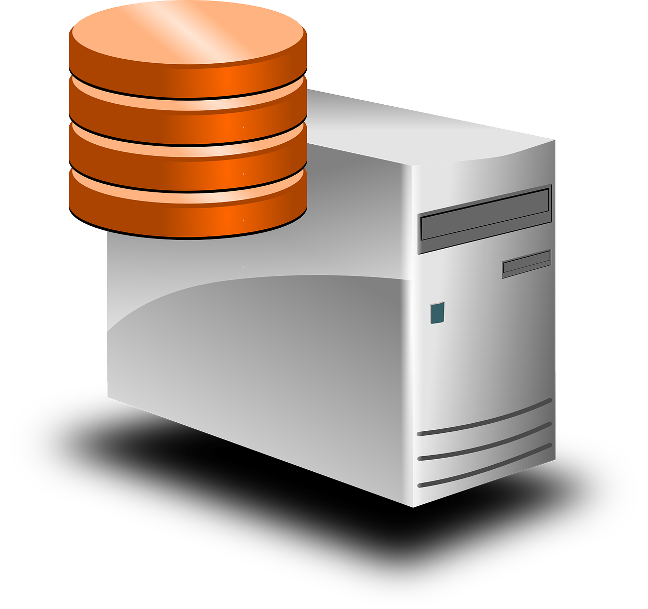 White Desktop Server With Orange Database Cylinder PNG Illustration