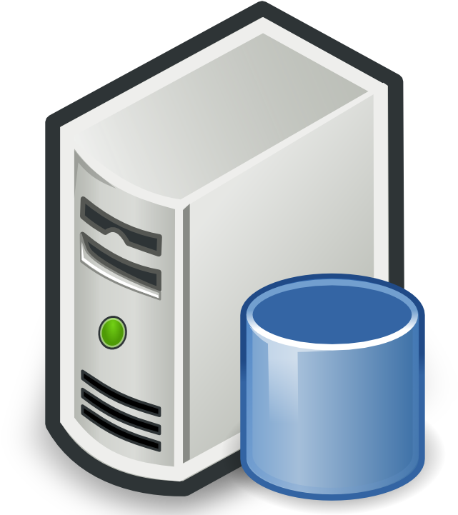 White Server Tower Connected To Blue Database Cylinder PNG Illustration