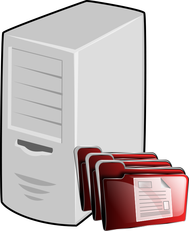 White Tower Server With Red File Folders For Data Storage PNG Illustration