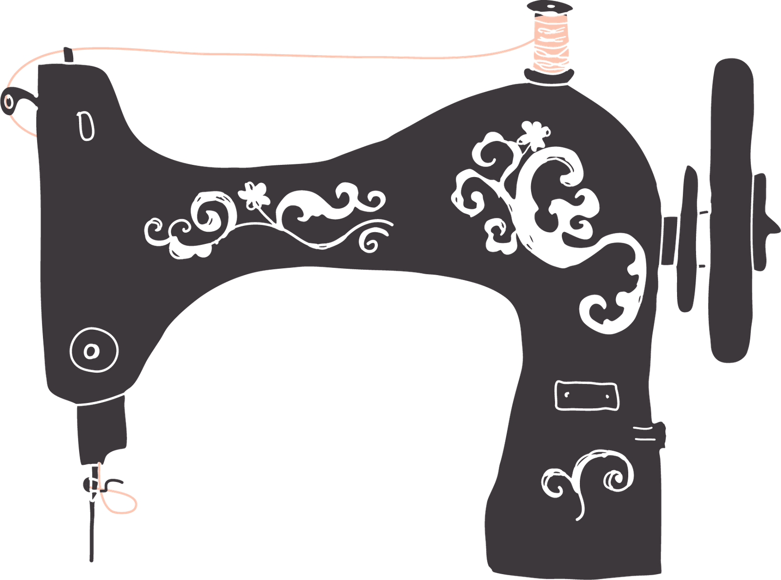 Antique Black Sewing Machine Drawing With White Floral Scrollwork PNG