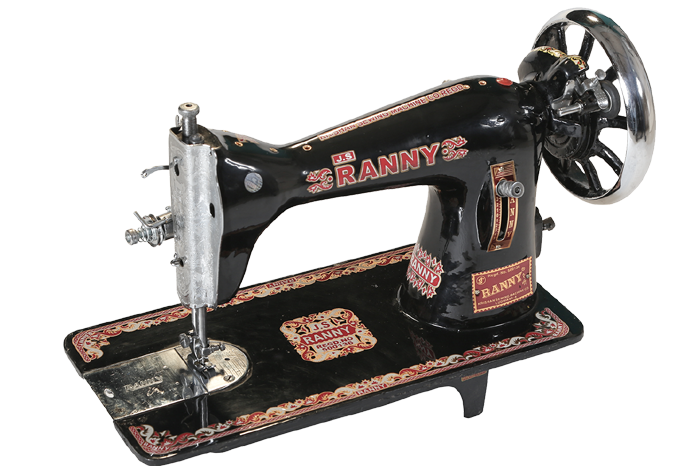 Antique Black Singer Style Sewing Machine On Wooden Base PNG Image