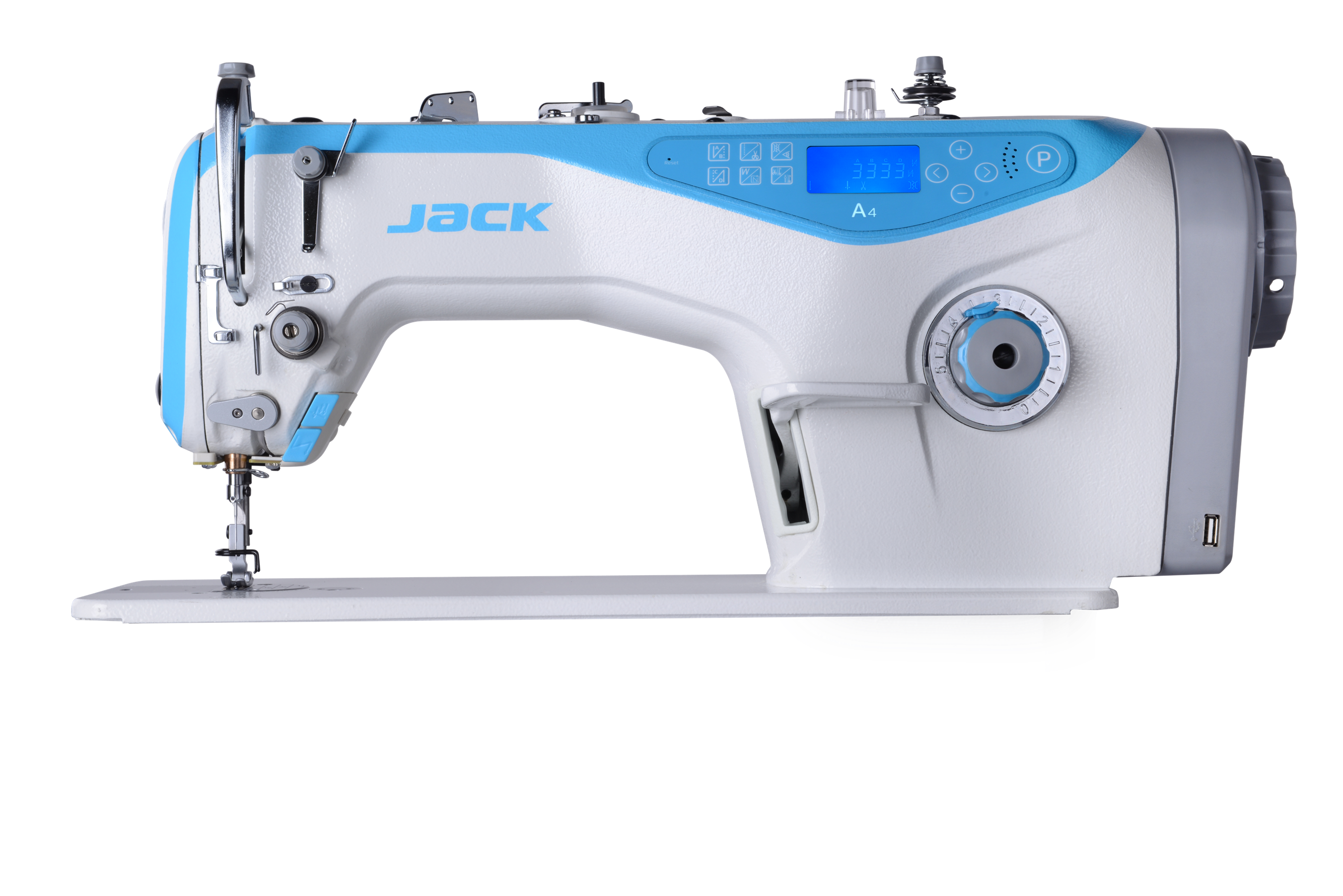 Blue And White Juki Industrial Sewing Machine With Flat Bed PNG Product Photo