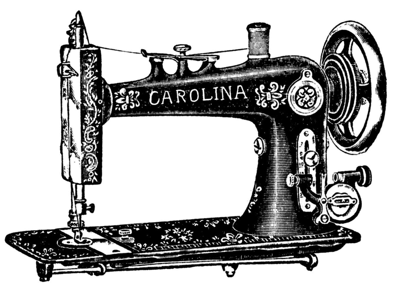Carolina Antique Sewing Machine Engraving With Decorative Base PNG Image