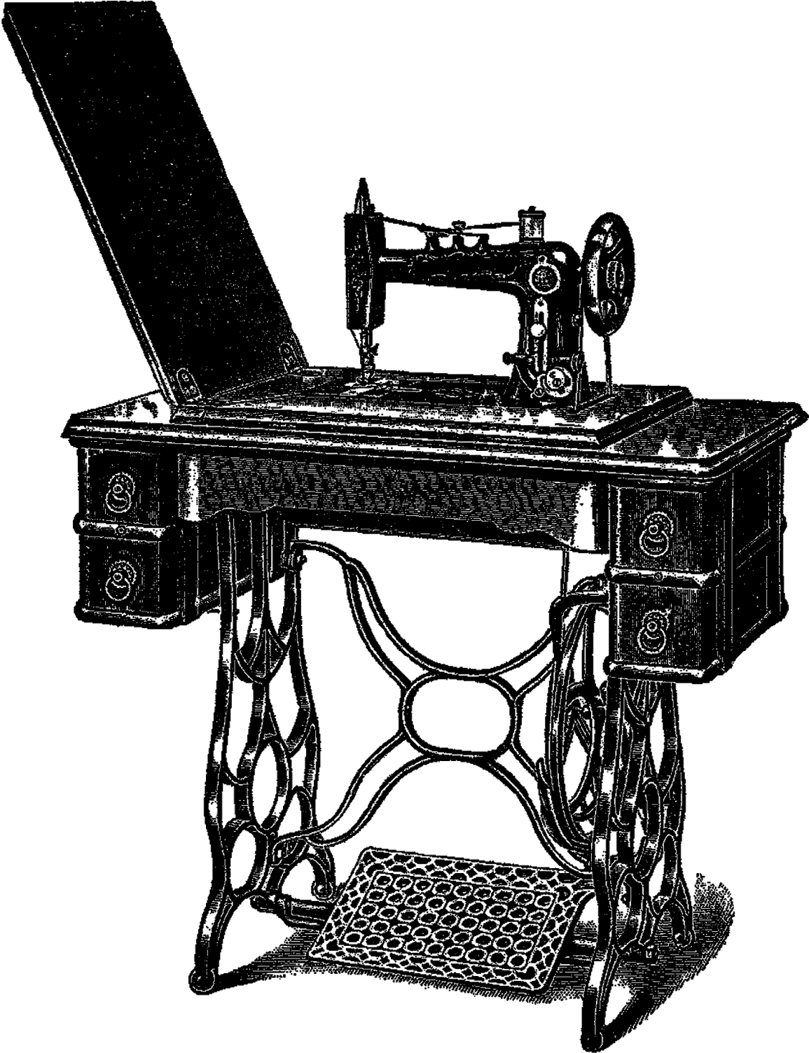 Cast Iron Treadle Sewing Machine With Ornate Pedal Frame PNG Illustration